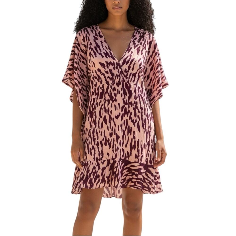 NWT Vix Paula Hermanny Bali Caftan Printed Burgundy Cover Up Mini Dress MEDIUM